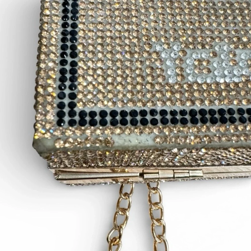 Gold Cash Rhinestone Crystal Clutch Purse No Limit Yolo Box Evening Bag